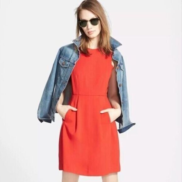 Madewell Abroad Ponte Knit Dress Sz 0 Spark Red Fit & Flare Pockets Sleeveless - Picture 1 of 9